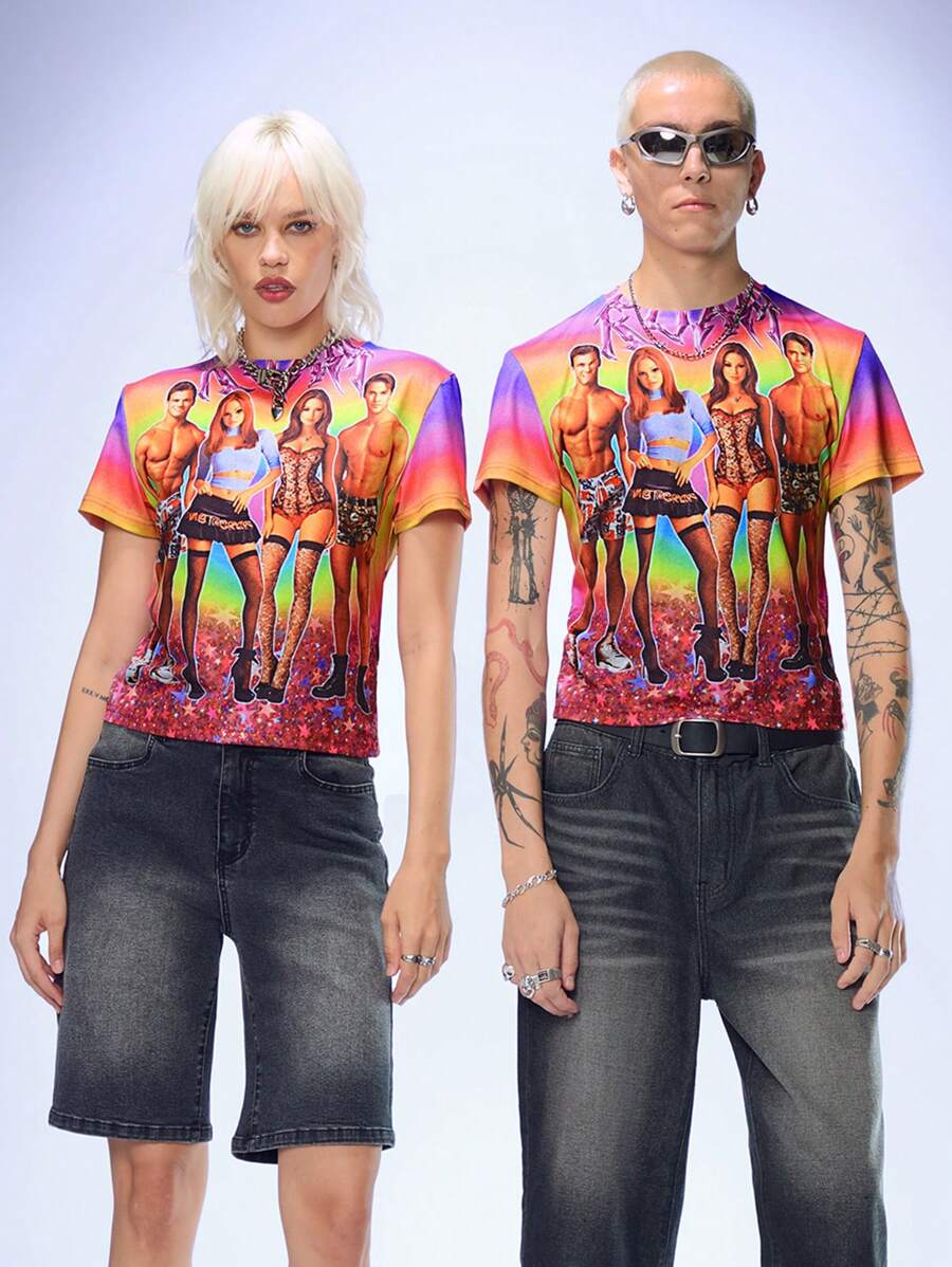 Manfinity UZERO Herenpatroon Print Ronde Hals Korte Mouw Slim Fit Casual T-shirt, Geschikt Voor De Zomer, Y2k