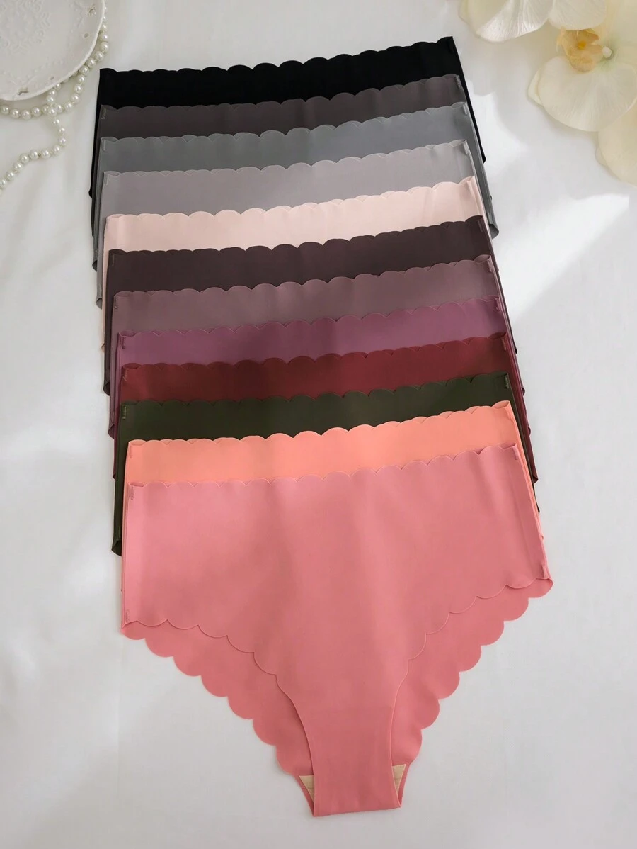 Set de 12 piezas de ropa interior sin costuras con borde ondulado de unicolor, Serie casual