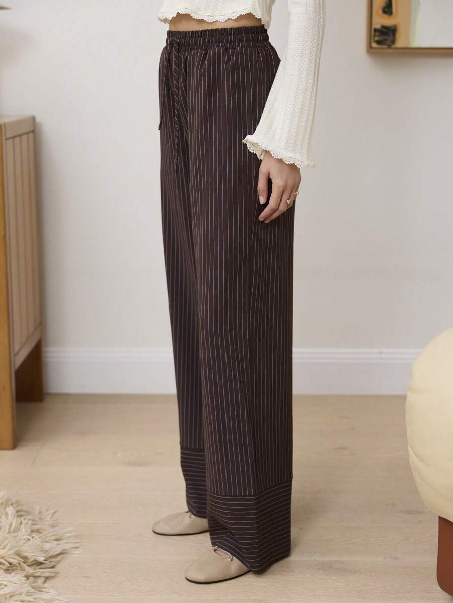 Aralina Pin Stripe Pants With Pockets And Contrast Cuff Drawstring Detail Wide Leg