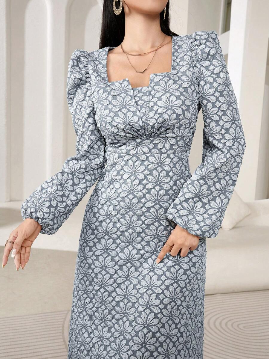 Modelyn Women Elegant Floral Jacquard Puff Sleeve Dress, Autumn Long Evening Dresses
