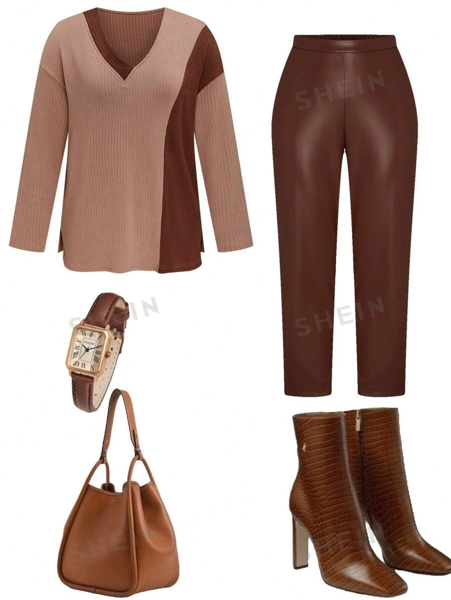 SHEIN LUNE Conjunto informal de 2 piezas de talla grande con top de manga larga cuello en V de unicolor y pantalones largos