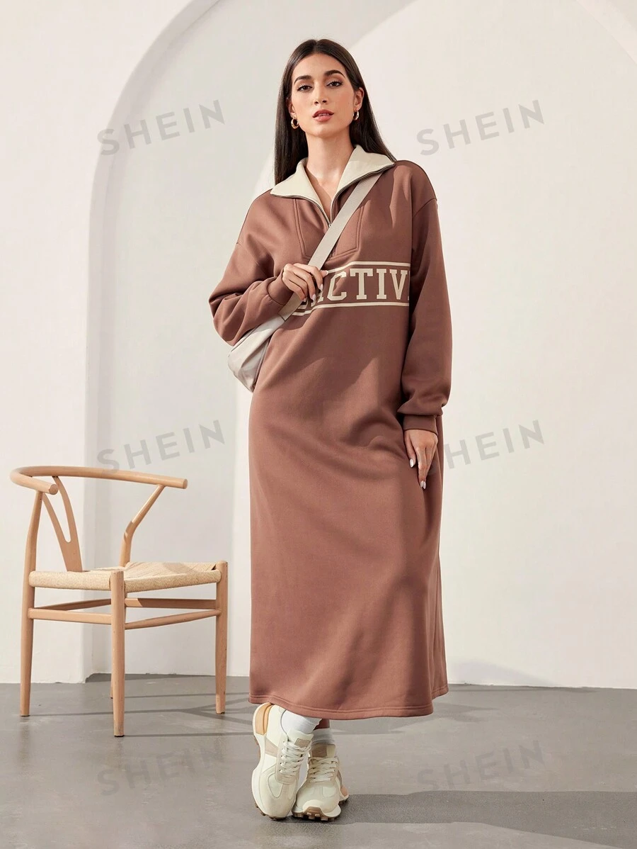 Mulvari Vestido casual largo con estampado de letra en colores lisos y parches, top de manga larga minimalista para mujer