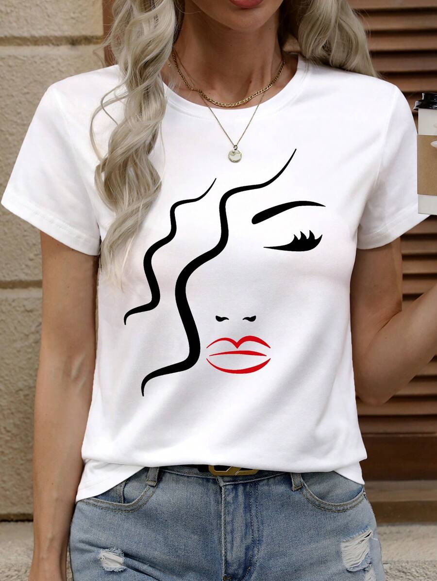 EMERY ROSE Women Face Pattern Minimalist Lines Print T-Shirt, Short Sleeve Layering Top For Summer And Autumn Graphic Tees Women Tops