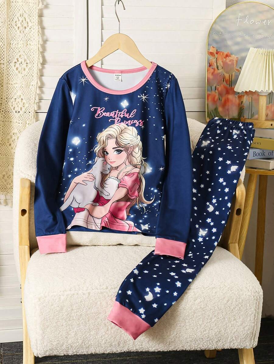 2pcs/Set Tween Girl Casual Blue & Pink Princess Graphic Print Long Sleeve Snug Fit Top And Pants Pajama Set