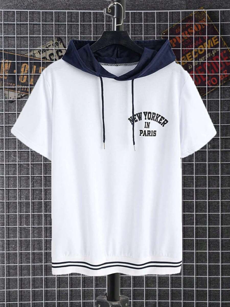Manfinity Dauomo Men's Solid Color Patchwork Short Sleeve Letter Print Simple Hooded Casual T-Shirt