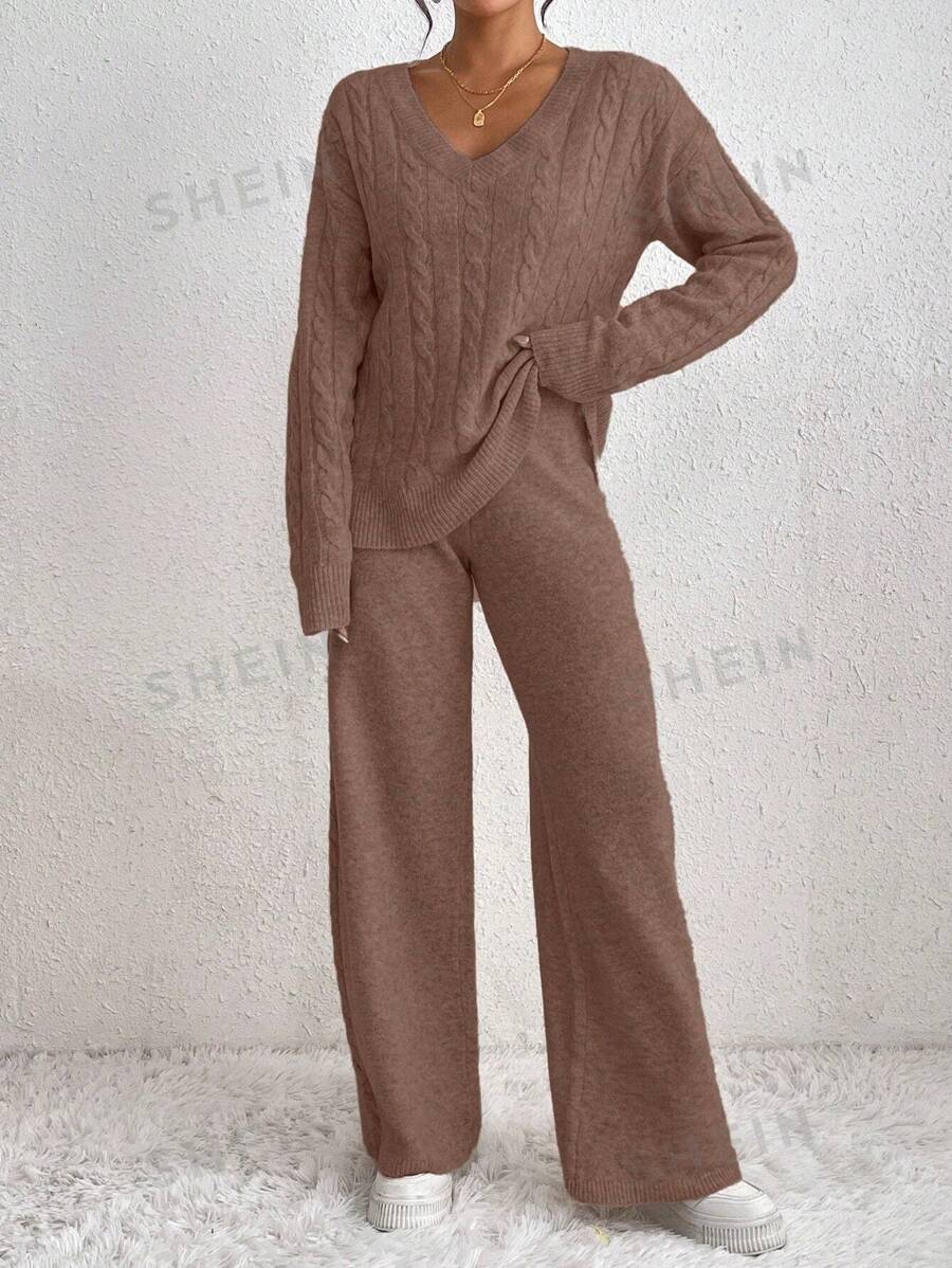 RosyDaze Set de 2 piezas con suéter de manga larga de cuello en V de hombros caídos sólido y pantalones de punto casual para mujer, para otoño/invierno