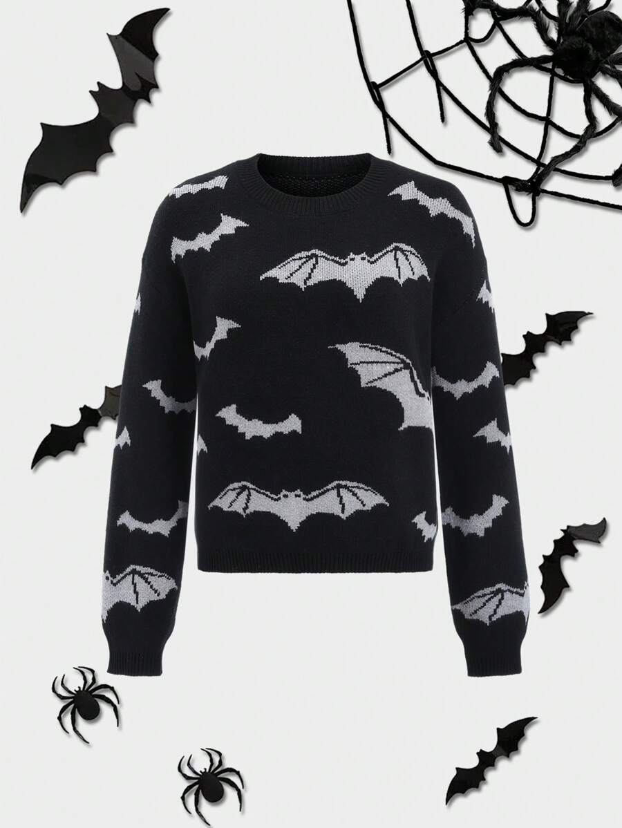 PUNK Grappige vleermuis-grafische ronde hals, drop-shoulder, lange mouwen, Halloween-trui voor dames, herfst/winter