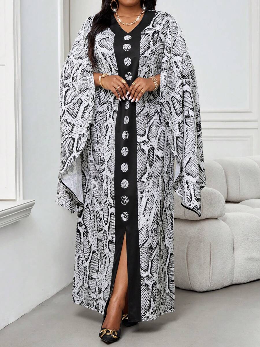 SHEIN Lady Vestido caftán de cuello en V recto con abertura en la manga, elegante, en negro tejido, para primavera, verano, otoño e invierno, de talla grande, vestido de diosa griega, vestido de leopardo, vestido formal, vestido para vacaciones
