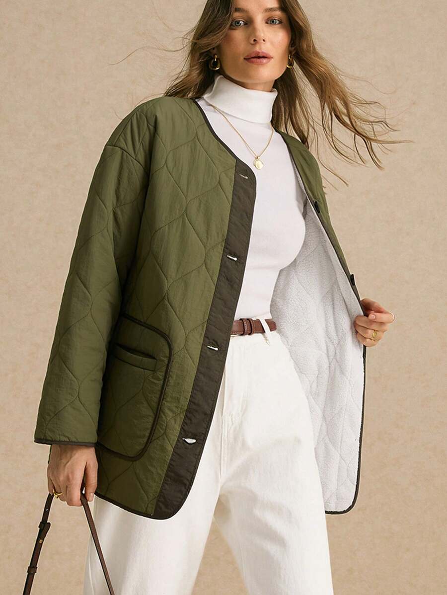 Poéselle Women's Flannel Lined Padded Coat Jacket Contrast Color Pocket Front Button Long Sleeve Casual Fall Women Clothes Fall Winter Jacket Women Coats Basic Winter Clothes For Women Motorcycle Jacket Winter Fur Women Clothes Vintage Winter Coat Boho