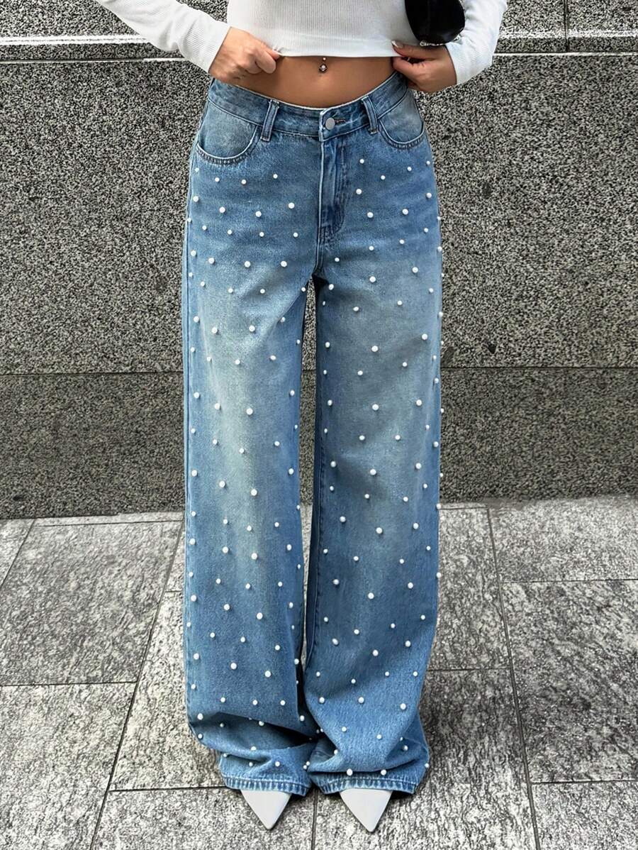 Forever 21 Damskie luźne szerokie nogawki, casualowe jeansy z kieszeniami i perłowym zdobieniem
