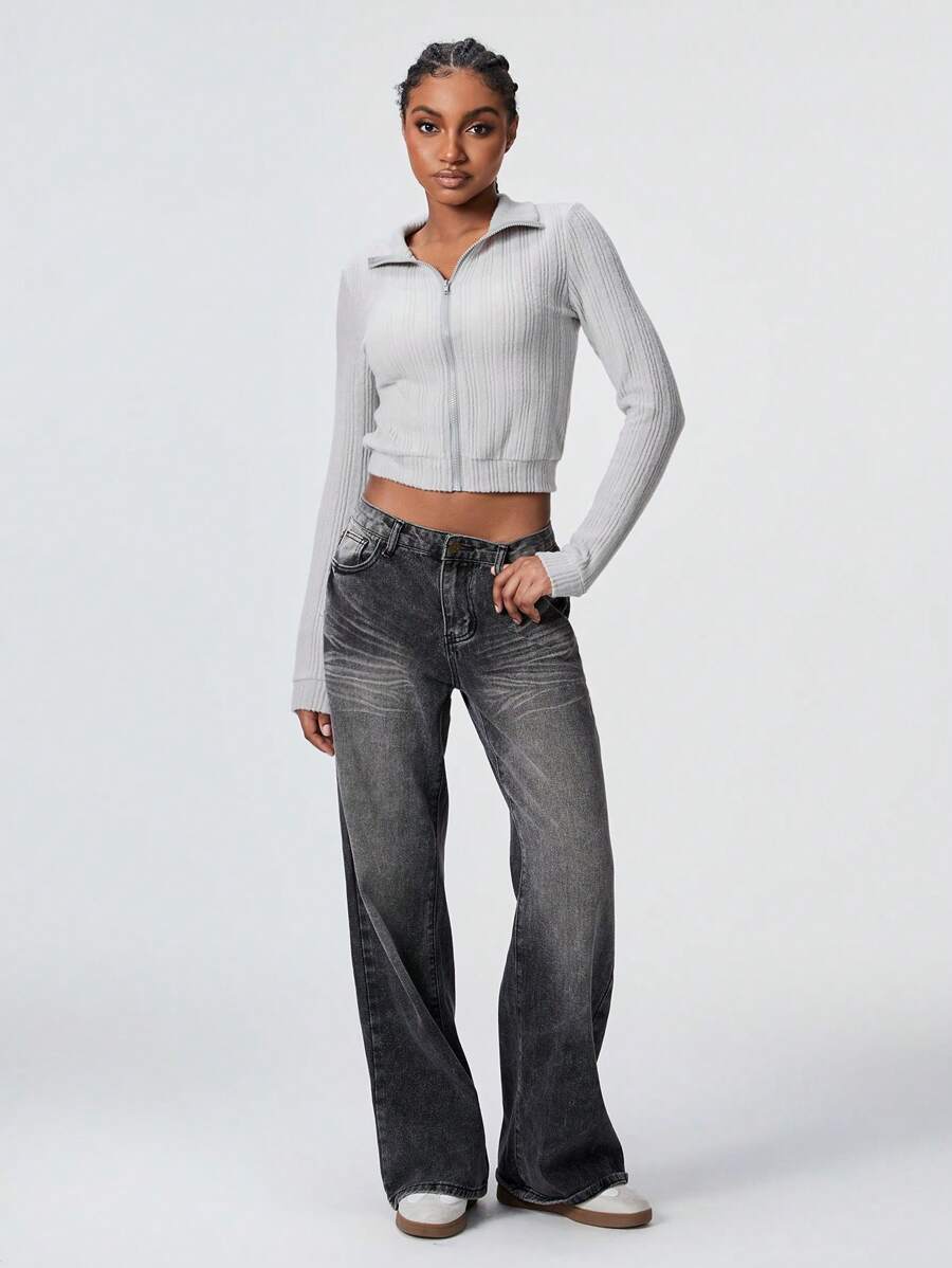 Flirla 1pc Women Grey Casual Minimalist Knitted Textured Mock Neck Long Sleeve Slim Fit Sweatshirt For Autumn/Winter