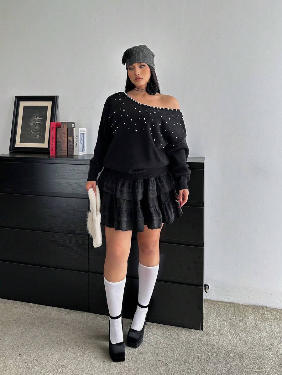 Franclia Plus Size Women's Plus Size Drop Shoulder Long Sleeve Loose Oblique Shoulder Studded Pearl Sweater, Autumn/Winter