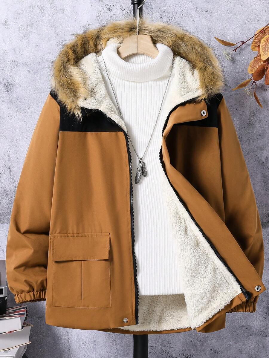 Chaqueta con capucha forrada térmica de manga larga con bloqueo de color y bolsillo utilitario para niño preadolescente, para otoño/invierno