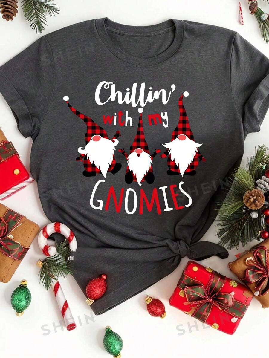 SHEIN MOOSTA Camiseta de cuello redondo navideña, camiseta de cuello redondo regular de mujer con gráficos de Papá Noel y eslogan, adecuada para camisetas gráficas de primavera y verano para mujeres