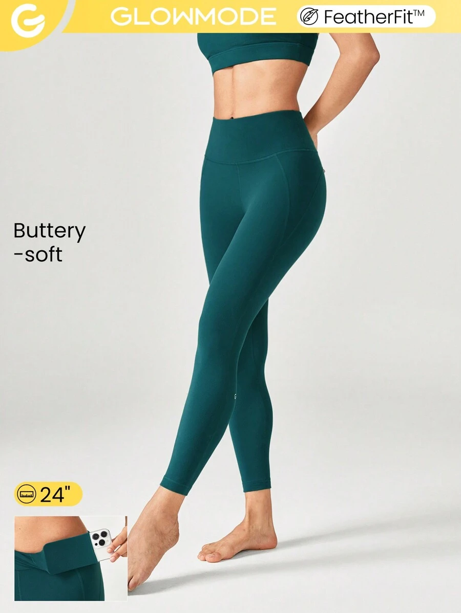 GLOWMODE 24" FeatherFit™ Cropped Running Leggings Booty Sculpt Tummy Control Fitness Tights With Hidden Front Pocket