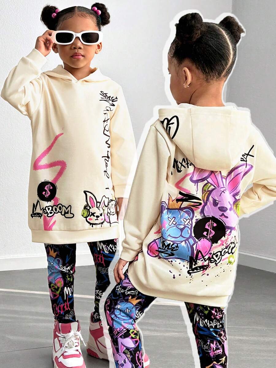 SHEIN Conjunto de 2 piezas para niña: sudadera con capucha y estampado gráfico divertido & leggings, adecuado para otoño/invierno, diario, casual, deportes, ropa urbana