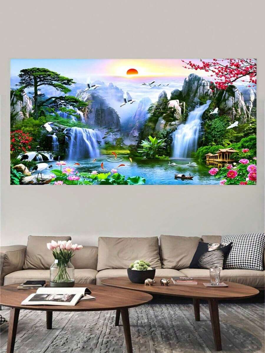 1 pieza Lienzo con pintura de paisaje de cascada y puesta de sol, pósteres e impresiones de aves en el lago, obra de arte de bosque para decoración de la sala de estar, decoración festiva del hogar, lienzo sin marco como regalo de Navidad