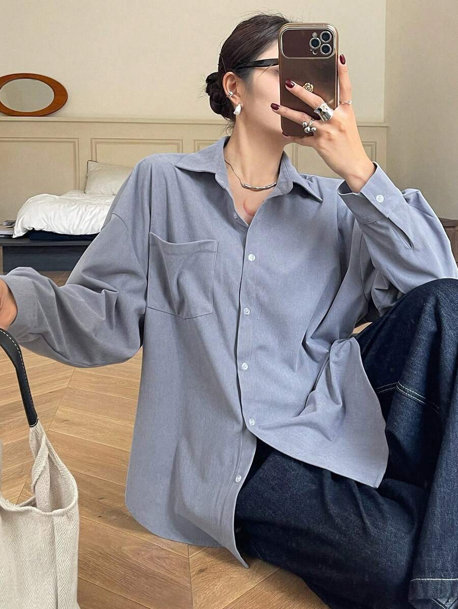 DAZY Women's Plain Regular Collar Oversized Corduroy Thick Casual Shirt