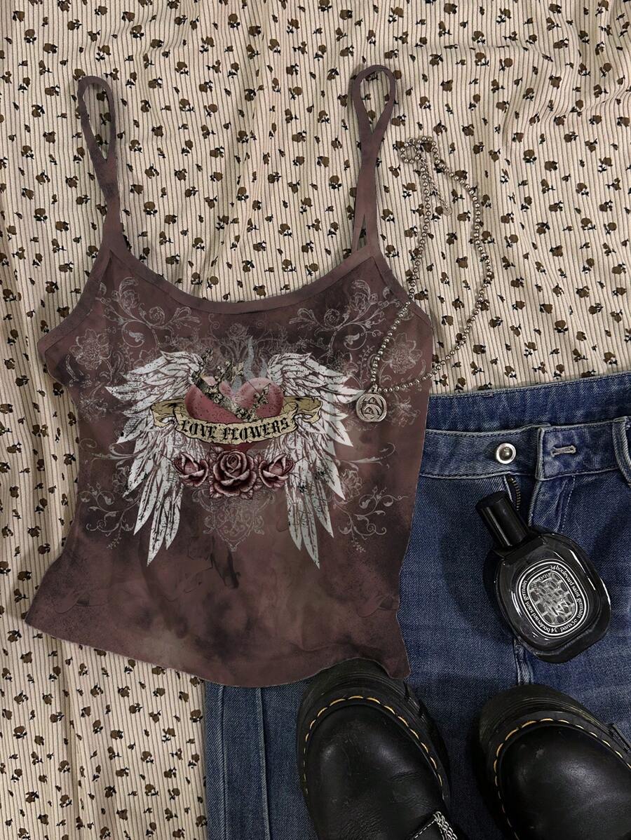 Attitoon Women Casual Vintage Heart & Wing Pattern Tie Dye Sexy Camisole Tank Top