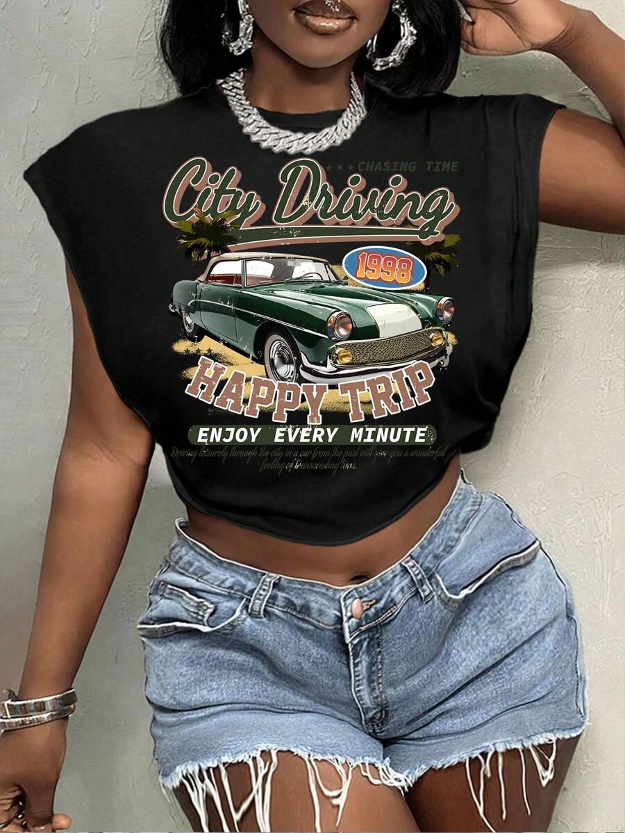 Slaydiva 1998 Casual Vintage Car Letter Graphic Round Neck Short Loose T-Shirt For Women, Suitable For Summer