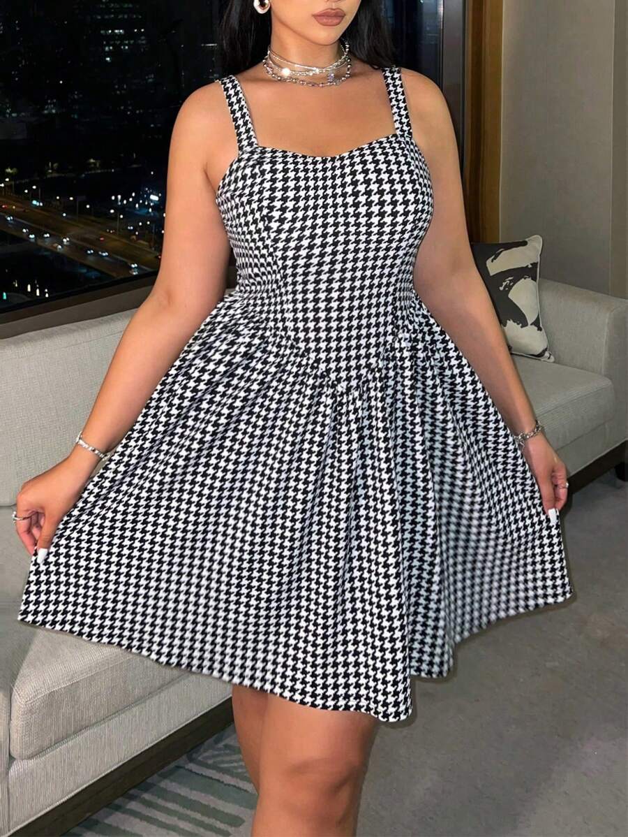 Flirla Plus size zomerse casual jurk met pied-de-poule-print en geplooide bandjes