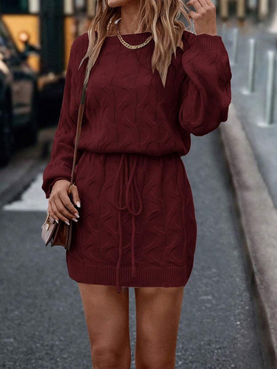 SHEIN LUNE Women's Solid Color Round Neck Long Sleeve Casual Knit Sweater Dress, Suitable For Autumn/Winter For New Year Clothes