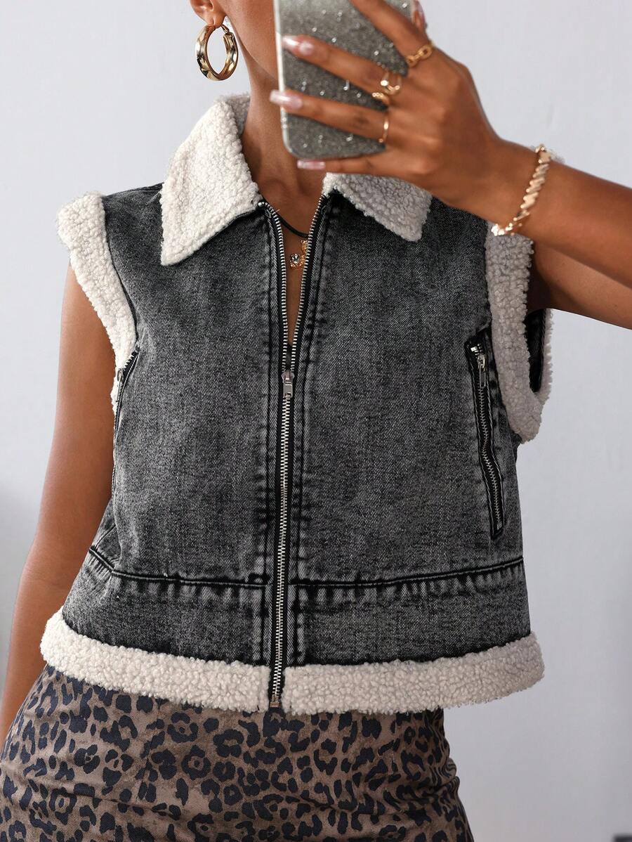 SHEIN ICON Women Furry Panel Front Zipper Sleeveless Simple Casual Denim JacketThermal Thickened Denim