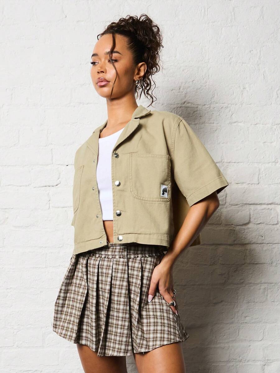 SUMWON WOMEN Utility Canvas Cropped Work Shirt Short Sleeve Button Up Workwear Spring Summer Lightweight Boxy Service Casual Street Style Daily Wear