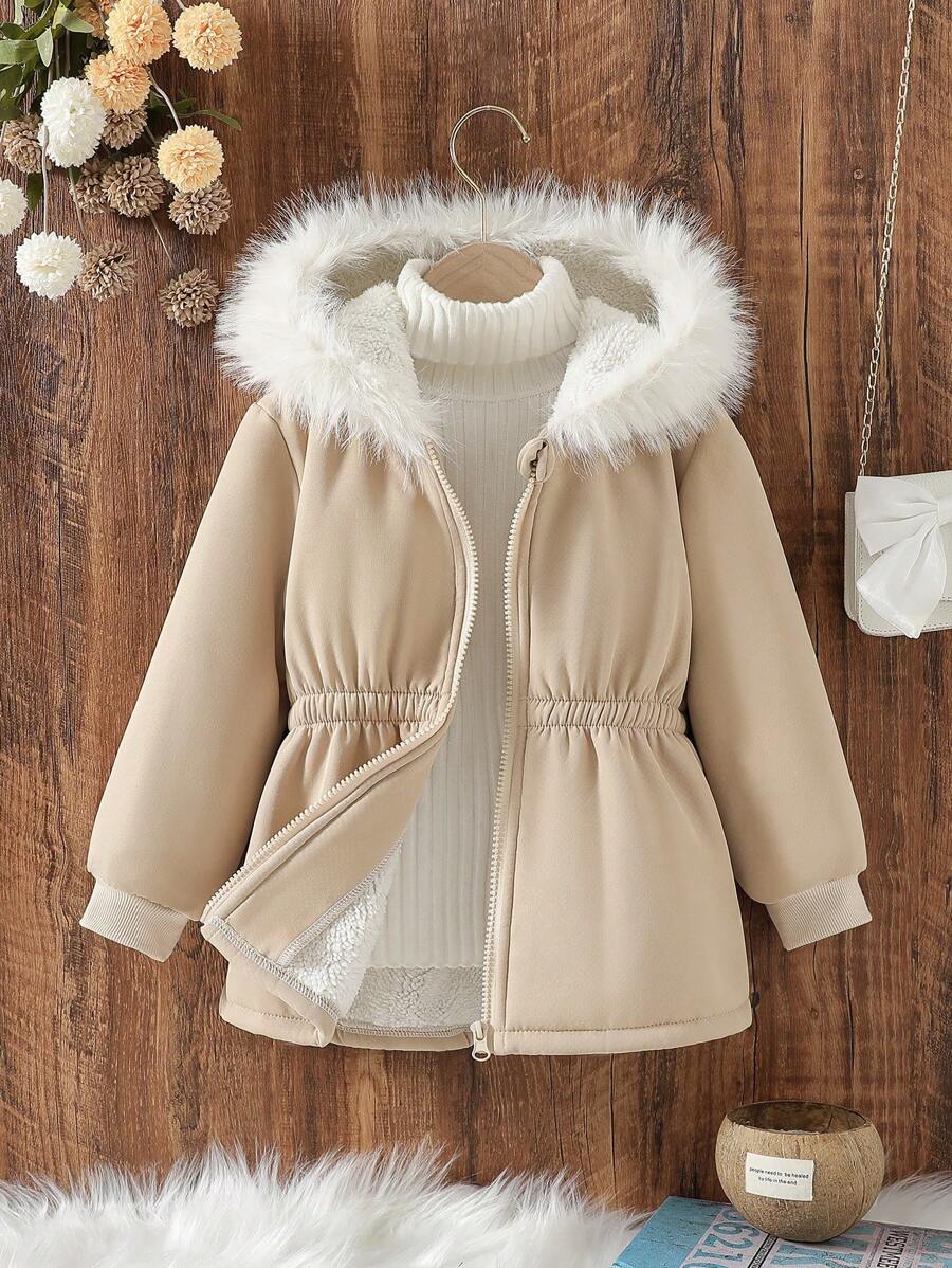 Girls Khaki Embroidered 3D Flower Fuzzy Collar Warm Jacket, For Toddlers & Young Girl