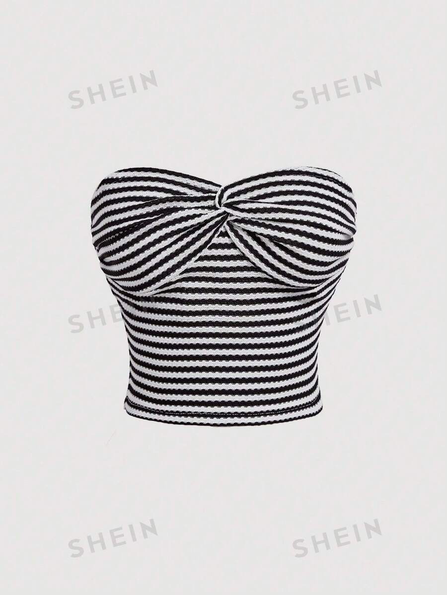 SHEIN MOD Top con torsión frontal, top bandeau a rayas, top de otoño, top lindo, top con capas, top de cebra