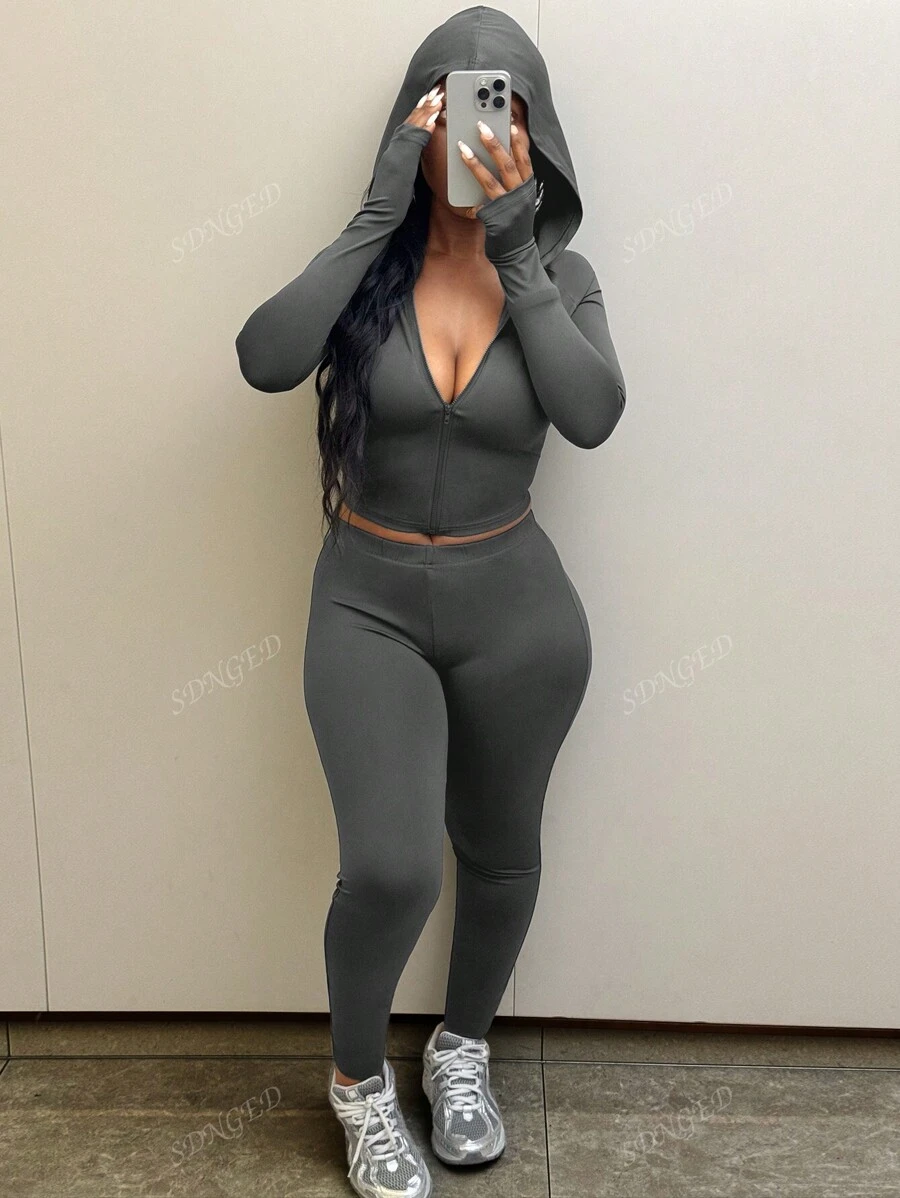 2pcs Casual Solid Color Hooded Top And Slim Fit Pants Set