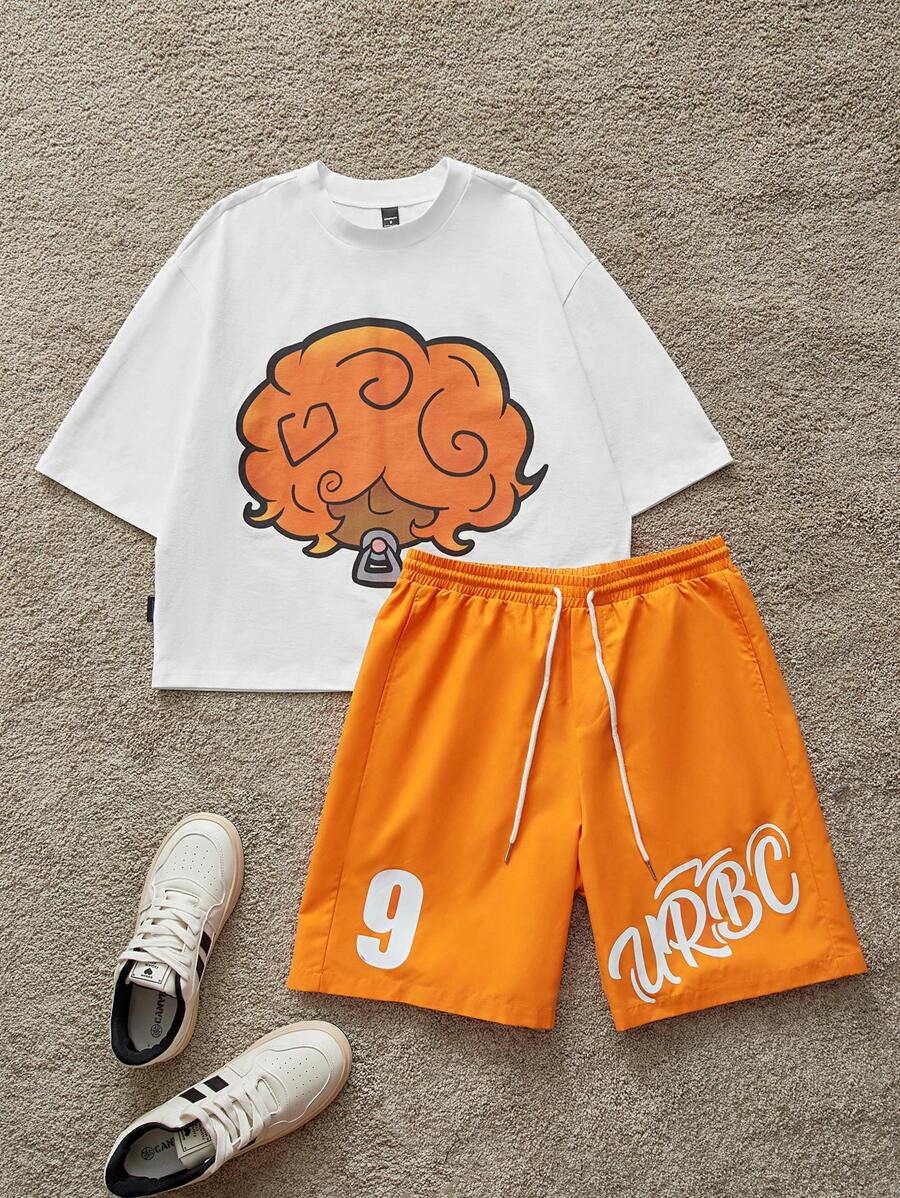 Manfinity VCAY Set de 2 piezas compuesto por una camiseta de manga corta con gráfico casual y hombros caídos, y un short de cintura elástica para hombre