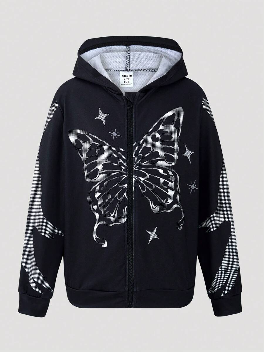 SHEIN Tween meisje Vlinder prints Met rits Sweatshirt met kap