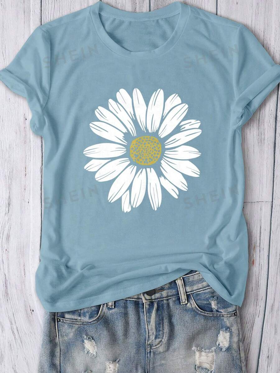 INAWLY Camiseta de manga corta con estampado floral, blusa casual y encantadora con cuello redondo y estampado de flores para mujeres, camisetas gráficas para mujeres