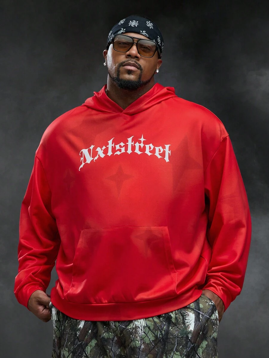 Manfinity VCAY Plus Size Men Red Loose Fit Long Sleeve Letter Printed Hoodie Sweater