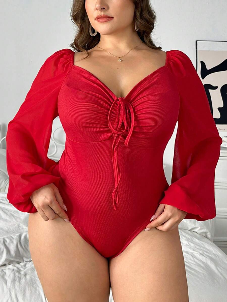 SHEIN Privé Plus Size Casual Elegant Sweetheart Neck Lantern Sleeve Drawstring Bodysuit, Autumn, For Winter