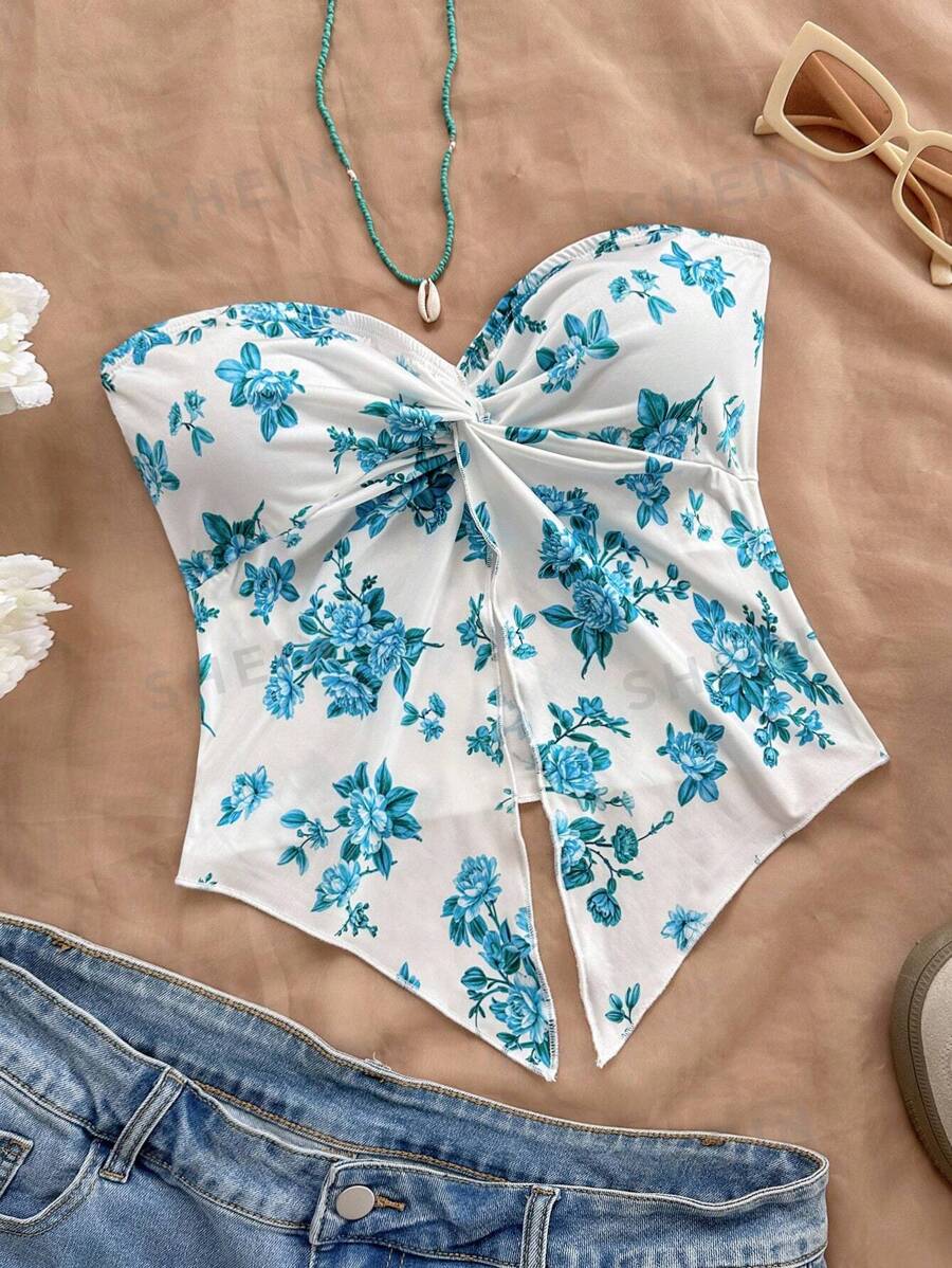 Soleia Blusa de gasa cómoda con estampado floral azul y blanco, corte halter y abertura frontal, adecuada para té de la tarde, temporada de graduación, y como capa para el invierno