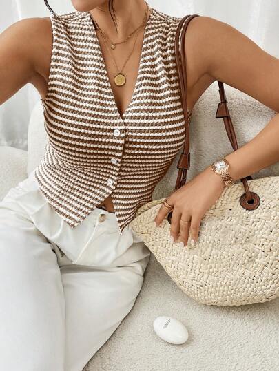 SHEIN Frenchy Women V-Neck Striped Sleeveless Casual Tank Top