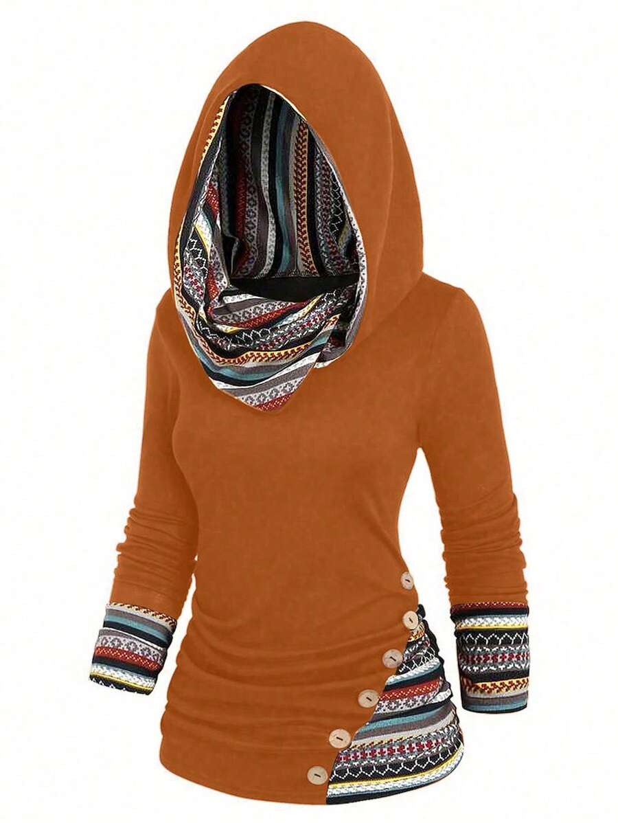 EMERY ROSE Plus Size Women Casual Patchwork Print Button Decorated Hoodie, Spring Autumn Fall Clothes Graphic Tees Women Tops