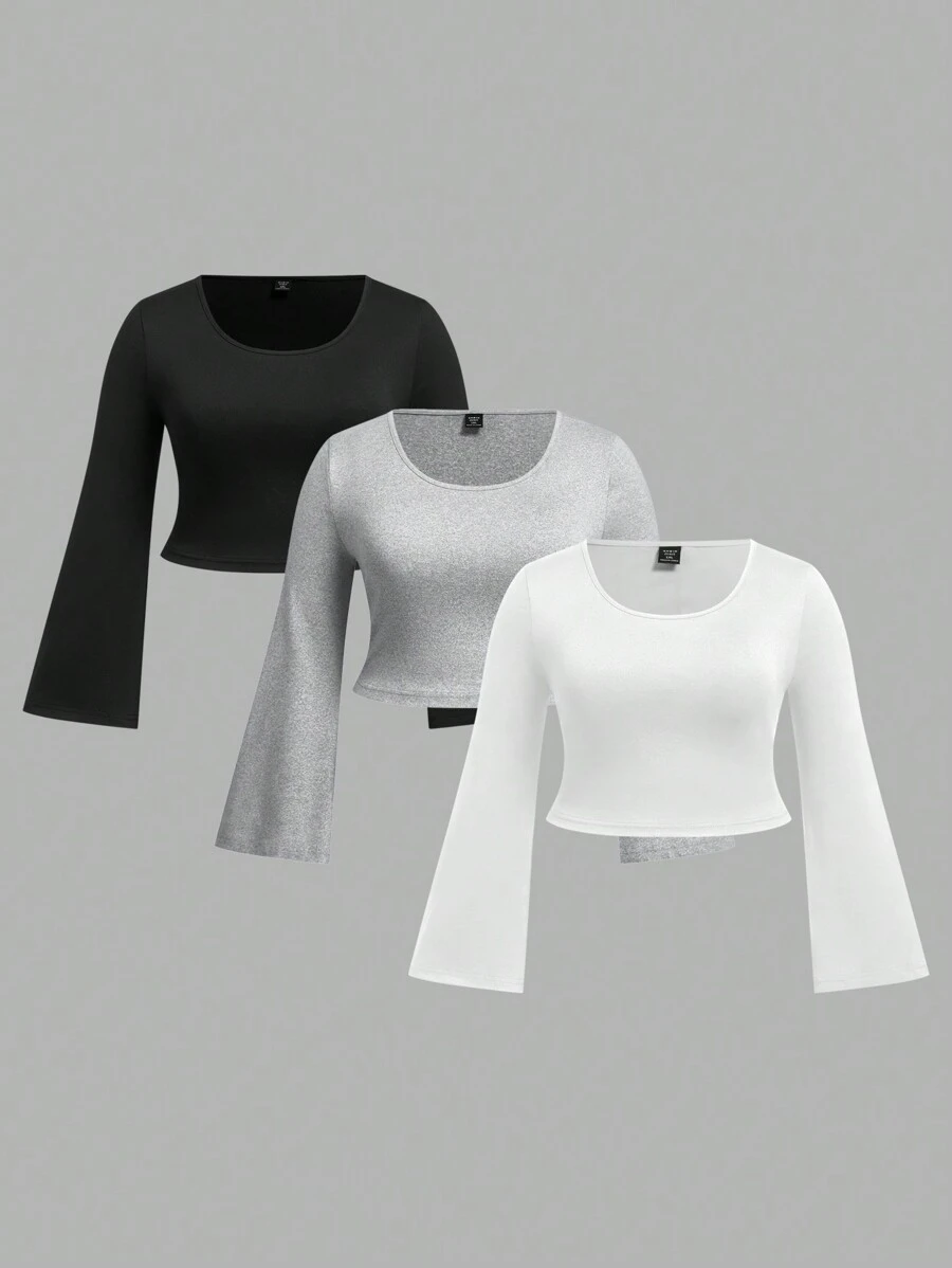 Flirla Plus Size Solid Color Crew Neck Long Sleeve Cropped Top, Casual Daily Wear