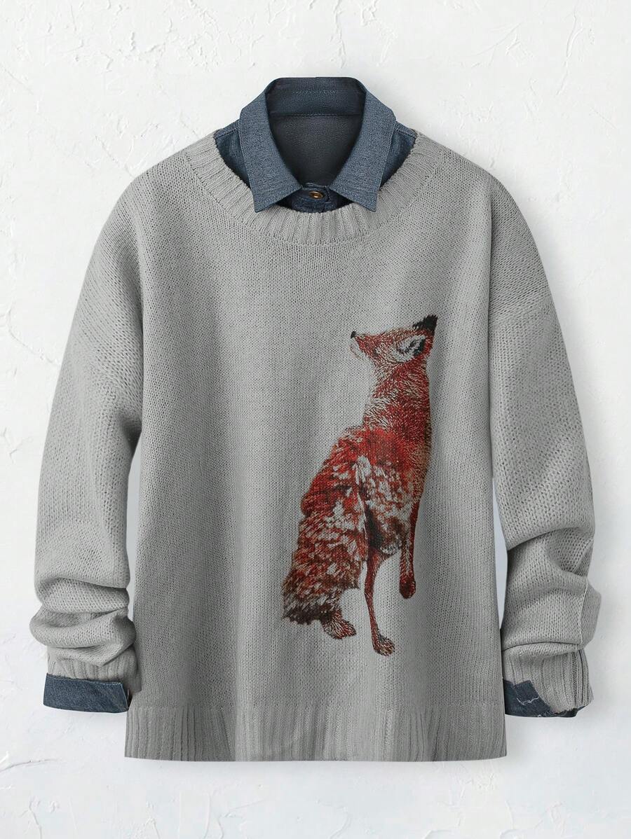 SHEIN LUNE Plus Size Casual Animal Pattern Drop Shoulder Sweater, Herfst/Winter