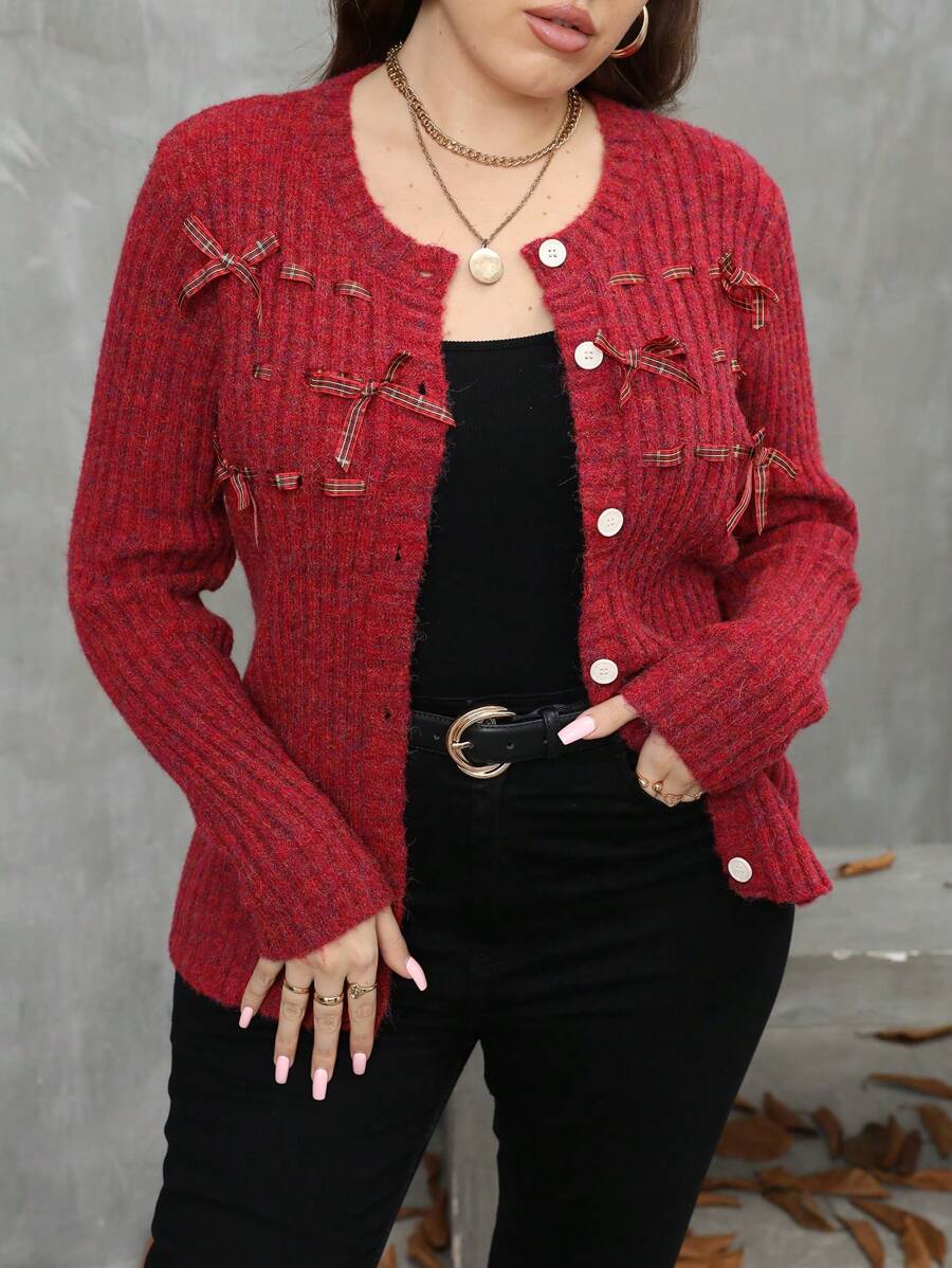 SHEIN LUNE Plus Size Bow Decor Round Neck Front Button Long Sleeve Cardigan