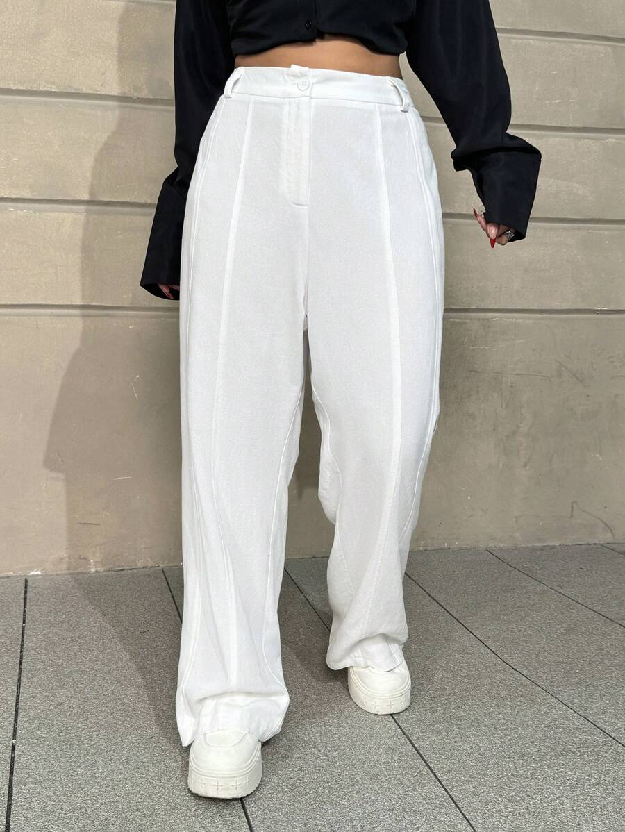 SHEIN EZwear Plus Size Women Solid Color Toothpick Stripe Design Straight Leg Loose Casual Pants