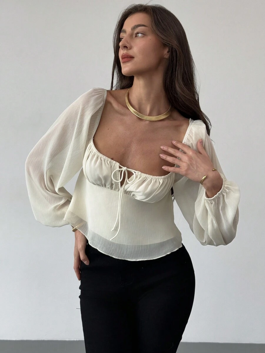 Aloruh Square Neck Gathered Waist Flared Textured Puff Sleeve Blouse