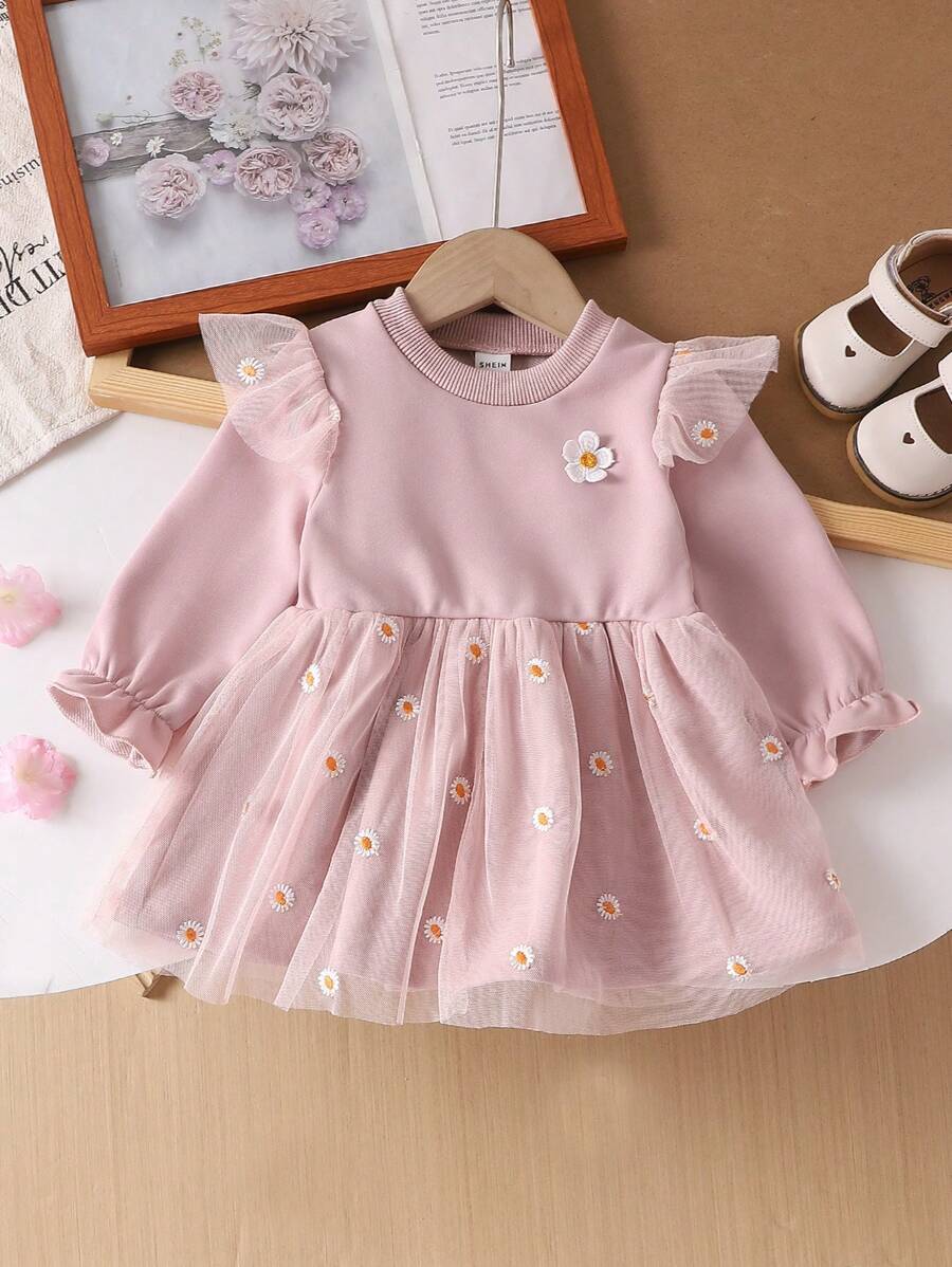 Baby Girl Autumn Casual Cute Daisy Embroidery Net Fabric Pink-Purple Dress, Essential For Everyday Outing & Home Wear