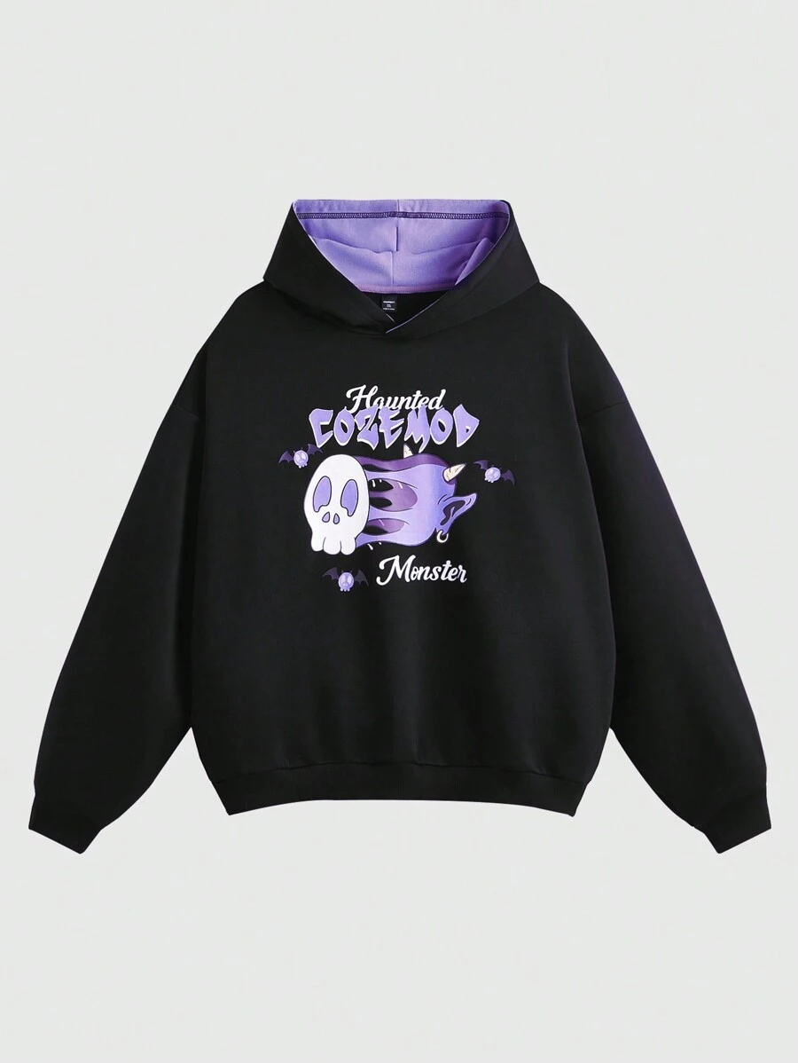 Manfinity VCAY Plus Size Men Loose Letter Print Hooded Long Sleeve Sweatshirt