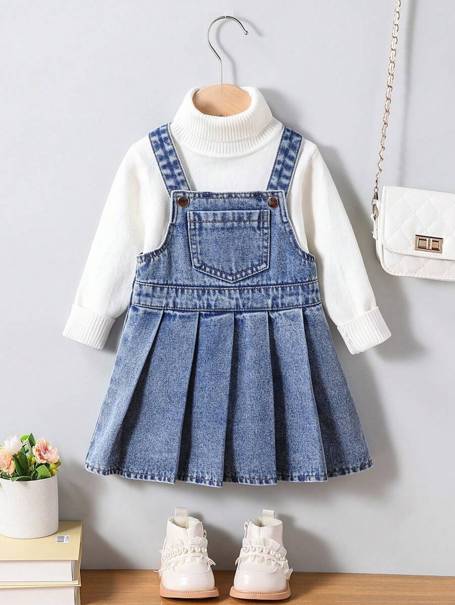 SHEIN Jupe salopette plissée en denim ample bleu bébé et bébé fille