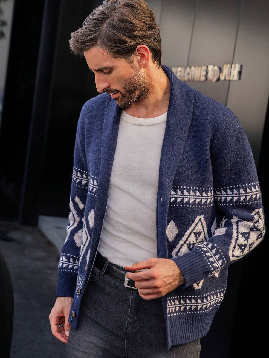 Manfinity CityGents Cárdigan casual con estampado geométrico para hombre, otoño e invierno