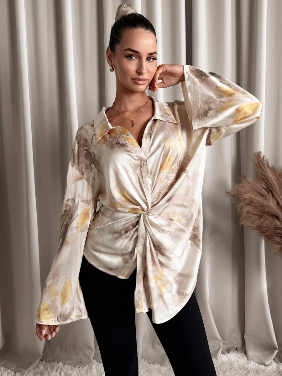 SHEIN Clasi 1pc Women Elegant Full-Graphic Print Twist Design Long Sleeve Blouse