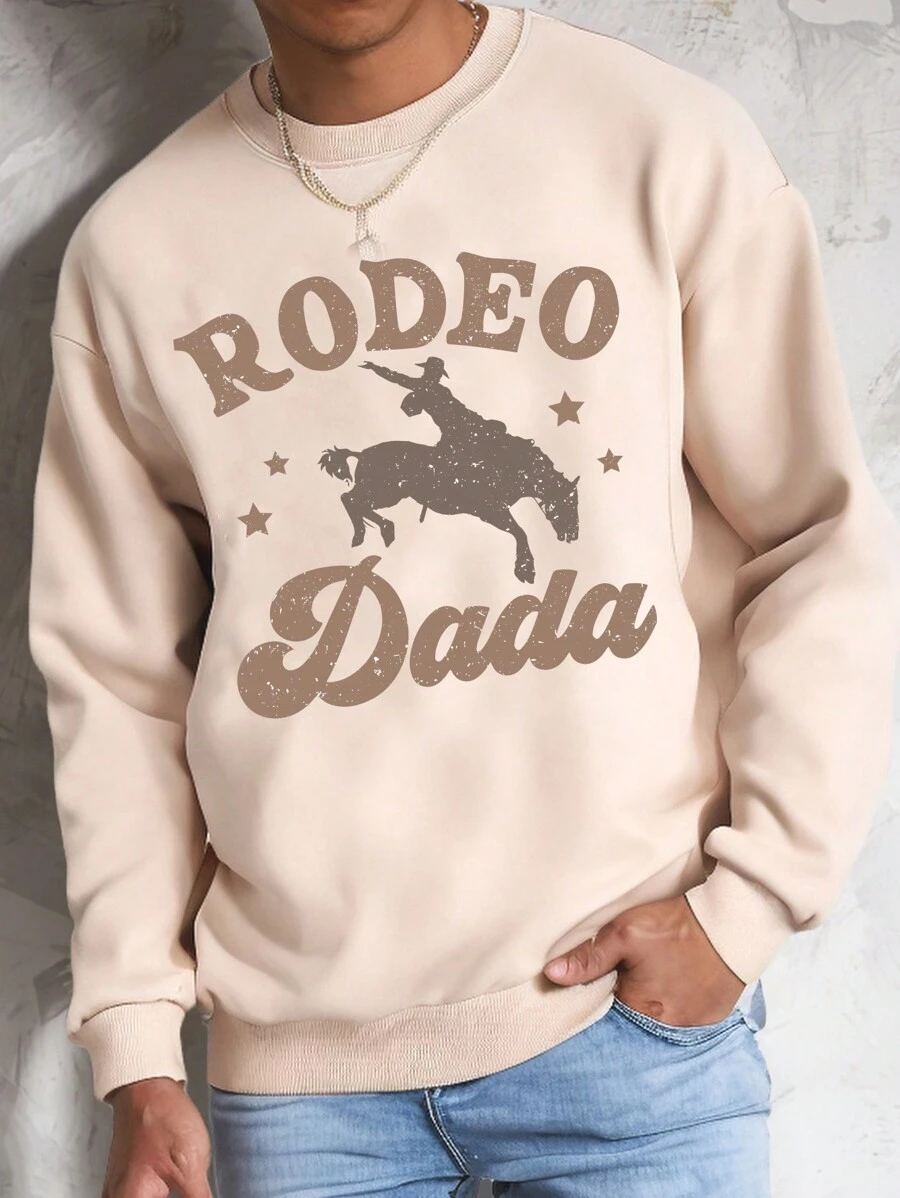 Sudadera básica de cuello redondo con estampado de patrón de letra y eslogan casual de moda occidental y vaquero para hombres, apta para otoño/invierno